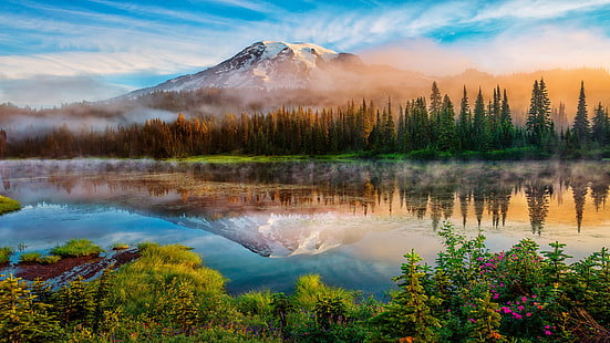 Mount Rainier และ Bench Lake อุทยานแห่งชาติวอชิงตันสหรัฐอเมริกาพระอาทิตย์ขึ้นฤดูใบไม้ผลิภูมิทัศน์เดสก์ท็อปวอลเปเปอร์ HD สำหรับโทรศัพท์มือถือแท็บเล็ตและแล็ปท็อป 3840 × 2160, วอลล์เปเปอร์ HD HD wallpaper