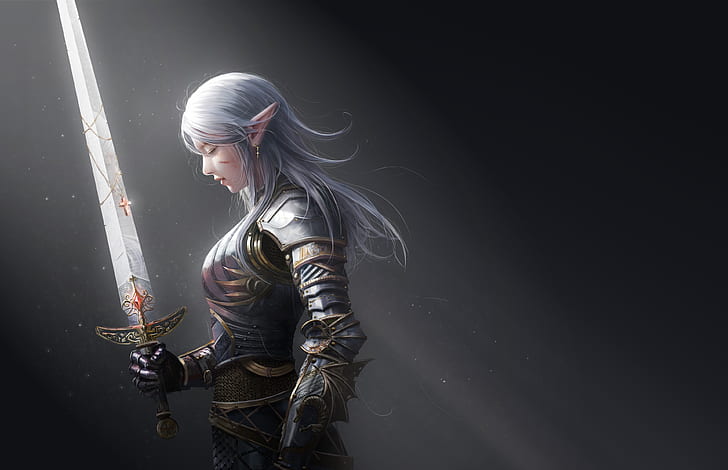 Fantasy, Women Warrior, Armor, Elf, Girl, Pointed Ears, Sword, White Hair, Woman Warrior, HD wallpaper