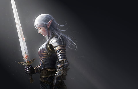 Fantasy, Women Warrior, Armor, Elf, Girl, Pointed Ears, Sword, White Hair, Woman Warrior, HD tapet HD wallpaper
