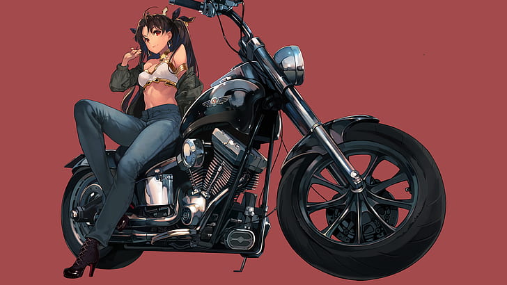anime, anime girls, simple background, Fate Series, Fate/Grand Order, Ishtar (Fate Grand Order), motorcycle, jeans, heels, bikini top, twintails, HD wallpaper