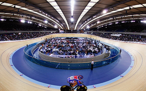 Jess Varnish, fish-eye-fotografering av cykelarena, london, athelete, cykling, olympiska spelen, HD tapet HD wallpaper