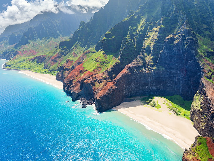 pandangan mata burung dari pantai, lanskap, alam, Hawaii, pantai, Wallpaper HD