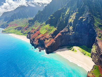 vista aérea da beira-mar, paisagem, natureza, Havaí, praia, HD papel de parede HD wallpaper