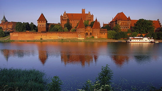 Польша, Мальборк, замок, отражение, польский, тевтонский орден, тевтонский, река, HD обои HD wallpaper