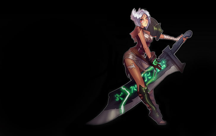 kobieta trzymająca czarny i zielony miecz ilustracja postaci, Riven, League of Legends, gry wideo, anime girls, anime, fantasy girl, Tapety HD
