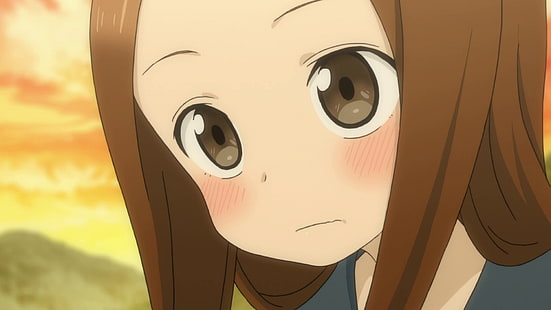 Takagi-san, anime girls, brown eyes, face, brunette, anime, HD wallpaper HD wallpaper