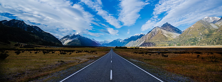 Endless Valley, strada in cemento grigio e catena montuosa, Oceania, Nuova Zelanda, Paesaggio, Strada, Montagne, Magnifico, Direzione, Mount Cook, Sfondo HD