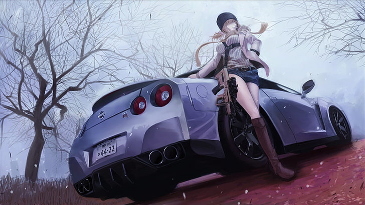 девушка аниме персонаж стоит возле автомобиля цифровые обои, аниме, аниме девушки, Nissan GTR, пулемет, IMI Tavor TAR-21, HD обои