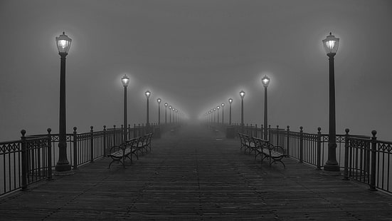 pier with lampposts, pier, monochrome, night, bench, mist, HD wallpaper HD wallpaper