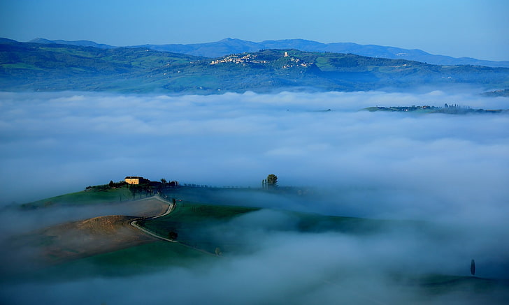 nature, landscape, Italy, trees, hills, Tuscany, house, morning, mist, old building, HD wallpaper