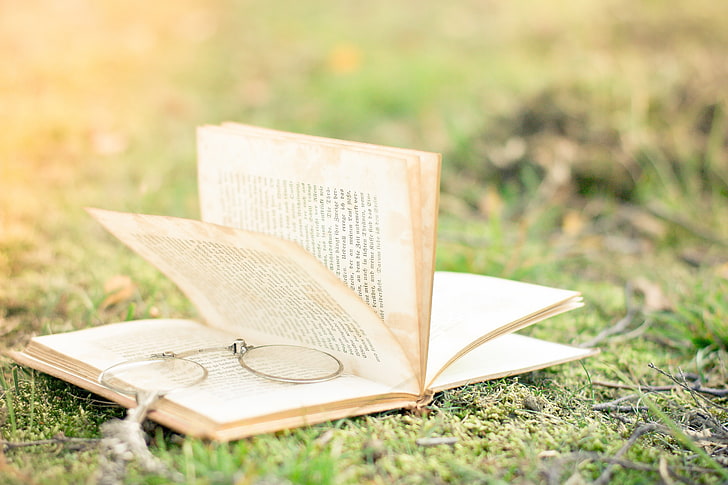 white book, grass, nature, blur, glasses, book, page, HD wallpaper