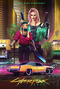 Cyberpunk 2077, cyberpunk, CD Projekt RED, видео игри, дигитално изкуство, кола, пистолет, HD тапет HD wallpaper