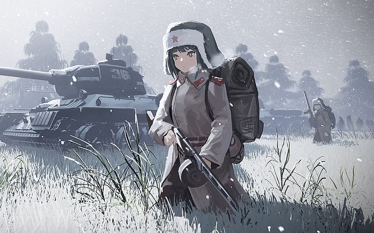 애니메이션 소녀, 소련 육군, 군대, 소련, 탱크, 전쟁, PPSh-41, 겨울, HD 배경 화면