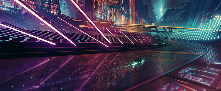 farbig sortiert neonröhren, cyberpunk, lichter, straße, biegen sie ab, stadt, nacht, motorrad, futuristisch, HD-Hintergrundbild