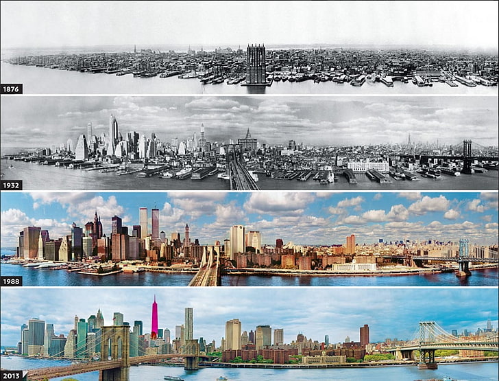 吊り橋のコラージュ、ニューヨーク市のコラージュ、ニューヨーク市、パノラマ、進化、高層ビル、建物、マンハッタン、橋、モノクロ、都市景観、歴史、インフォグラフィック、アメリカ、雲、ブルックリン橋、都市、建築、 HDデスクトップの壁紙