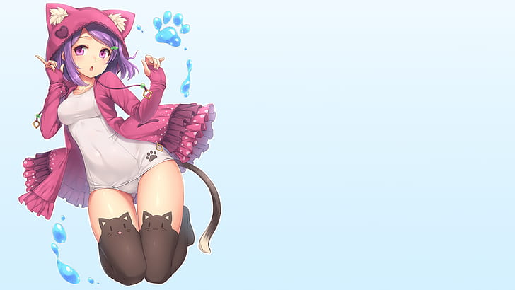 anime girls, cat girl, purple hair, kneeling, hoods, simple background, thigh-highs, school swimsuits, HD wallpaper