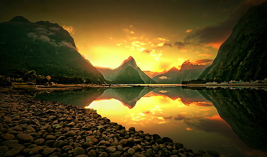 vattendrag nära berg illustration, Nya Zeeland, berg, stenar, reflektion, flod, solnedgång, HD tapet HD wallpaper