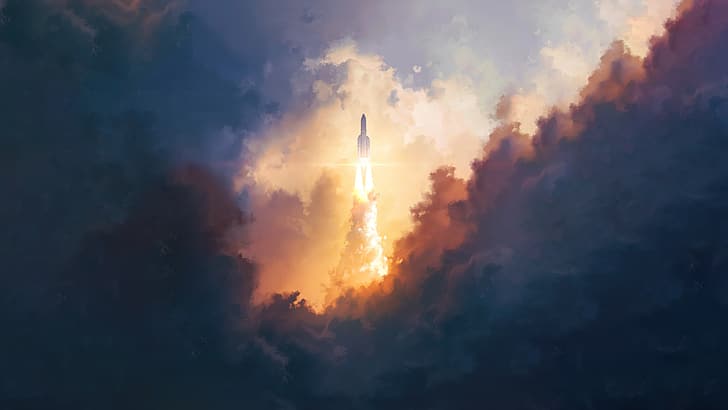 spaceship, rocket, Takeoff, clouds, digital art, artwork, digital, HD wallpaper