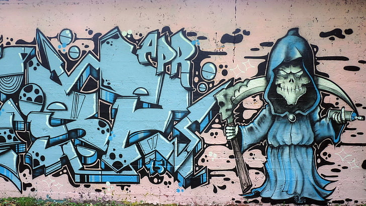 blue Grim Reaper graffiti, wall, figure, grafiti, HD wallpaper