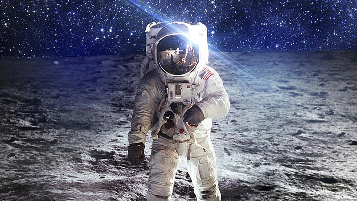 astronauta, luna, superficie, espacio, estrellas, cielo, cielo estrellado, reflexión, casco, estrellado, Fondo de pantalla HD