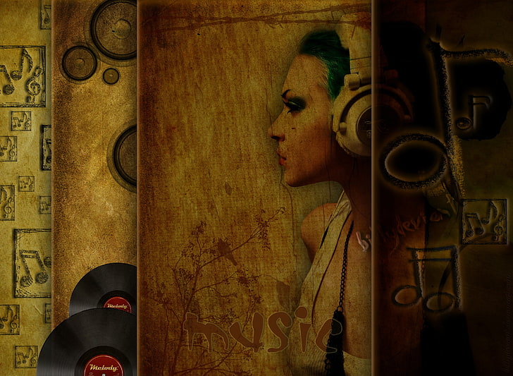 braune hölzerne gerahmte Wanddekoration, Musik, Kopfhörer, Vinyl, Porträt, HD-Hintergrundbild