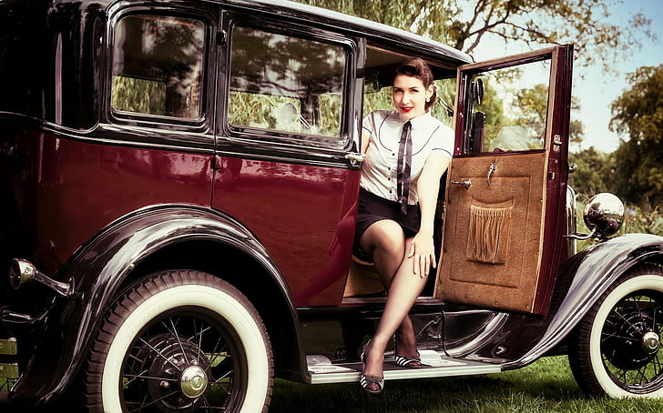 women with cars, model, Oldtimer, car, vehicle, Vintage car, HD wallpaper