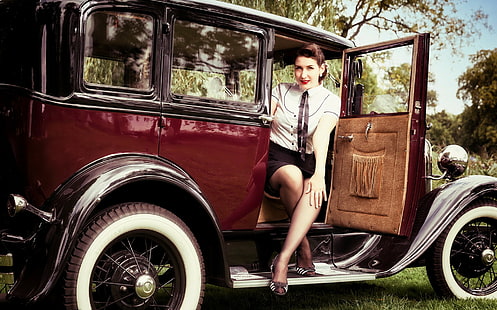 wanita dengan mobil, model, Oldtimer, mobil, kendaraan, mobil Vintage, Wallpaper HD HD wallpaper