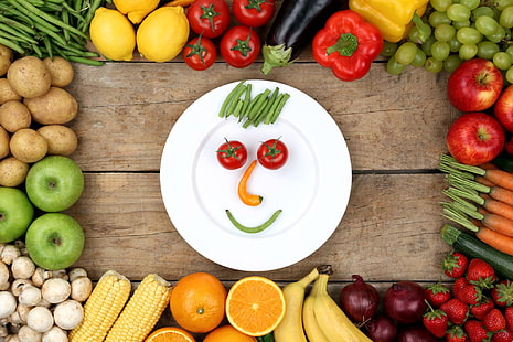  Fruits, Fruits and Vegetables, Apple, Banana, Carrot, Eggplant, Fruit, Grapes, Lemon, Mushroom, Pepper, Potato, Strawberry, Tomato, Vegetable, HD wallpaper HD wallpaper
