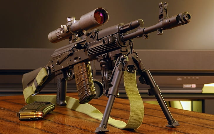 Automatic Gun AK-101, black assault rifle, scopes, firearms, belt, weapon, HD wallpaper