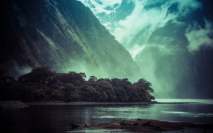 Fiordo nebbioso, lago e montagna, natura, 1920x1200, montagna, fiume, fiordo, Sfondo HD