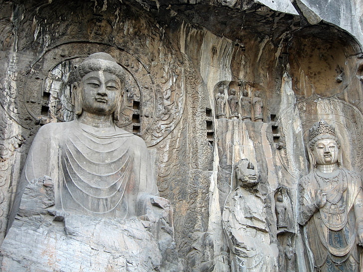 två gråa Gautama Buddha-statyer, longmangrottor, staty, sten, skilsmässa, gammal, HD tapet
