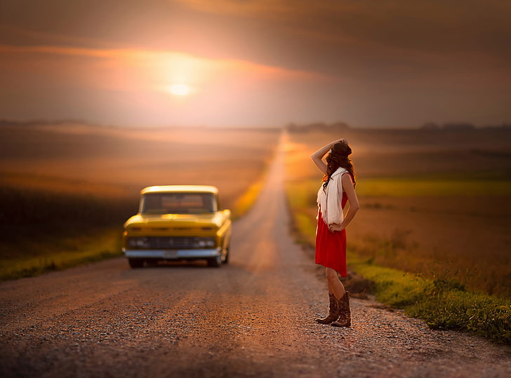 women's red high-low dress, road, machine, girl, space, hitchhiking, child, HD wallpaper