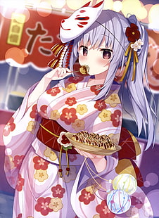 anime festival, kimono, girl, mask, eating snack, cute, Anime, HD wallpaper HD wallpaper