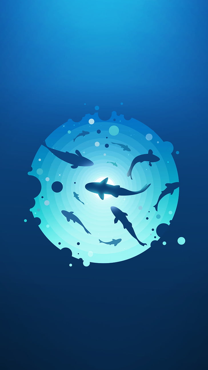 Illustration einiger Haifische, materieller Stil, Minimalismus, einfacher, einfacher Hintergrund, Cyan, HD-Hintergrundbild, Handy-Hintergrundbild