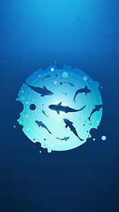 Ilustración de varios tiburones, estilo material, minimalismo, fondo simple, simple, cian, Fondo de pantalla HD HD wallpaper