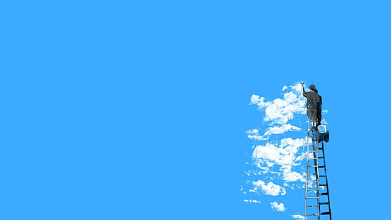 Minimalismus, blauer Hintergrund, Graffiti, Wolken, Männer, Malerei, Leitern, Eimer, Humor, Himmel, Kunstwerk, Cyan, einfach, Cyan-Hintergrund, HD-Hintergrundbild HD wallpaper