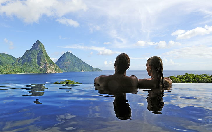 Couple In Pool, couple, pool, mountains, infinity, nature and landscapes, HD wallpaper