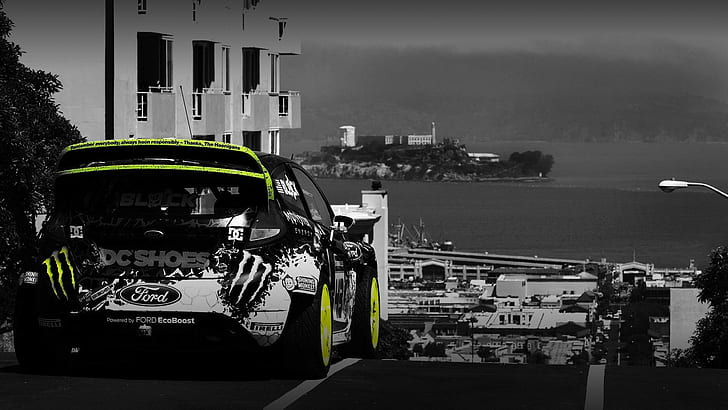 selective coloring, rally cars, Alcatraz, rear view, San Francisco, Ken Block, HD wallpaper
