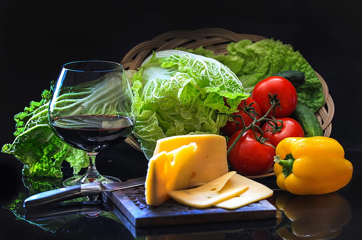 wine, glass, cheese, cucumber, pepper, vegetables, tomatoes, salad, HD wallpaper
