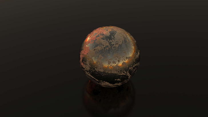 3ds max, ball, black background, clouds, clouds ball, clouds form, cloudscape, creative, creativity, dark, dark clouds, design, glass ball, grey skies, light reflections, model, orange skies, reflective, sunset, HD wallpaper