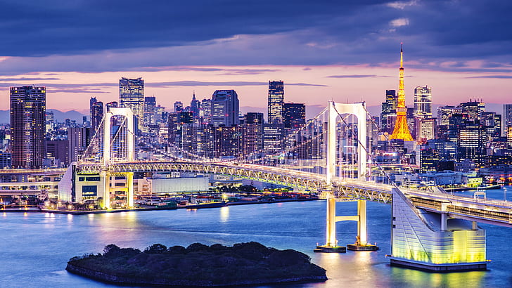 Tokyo, Jepang, malam kota yang indah, gedung pencakar langit, teluk, jembatan, penerangan, jembatan gantung beton, Tokyo, Jepang, Indah, Kota, Malam, Pencakar Langit, Teluk, Jembatan, Penerangan, Wallpaper HD