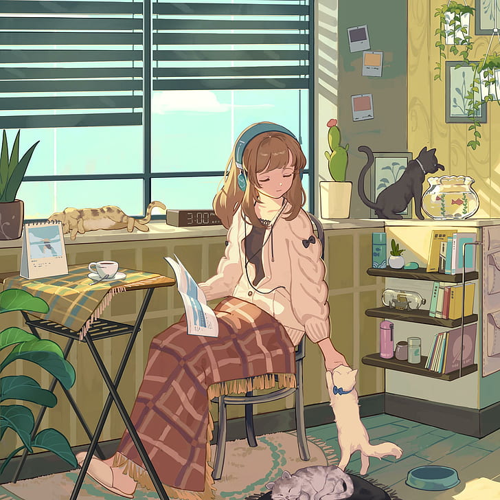 anime, anime girls, indoors, headphones, cats, animals, brunette, sitting, HD wallpaper