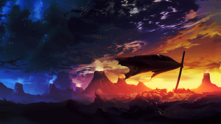 fond d'écran numérique de montagnes bleu et orange demi-ciel, katana, Tengen Toppa Gurren Lagann, anime, art fantastique, Fond d'écran HD