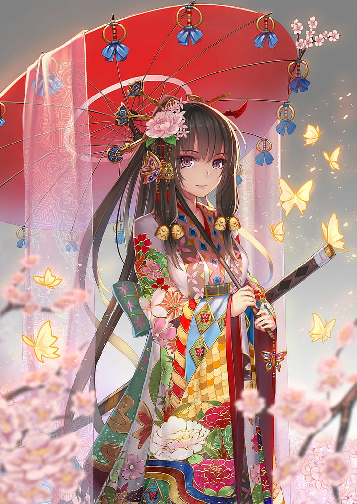 hair ornament, long hair, kimono, anime girls, umbrella, anime, Japanese clothes, dark hair, sword, HD wallpaper