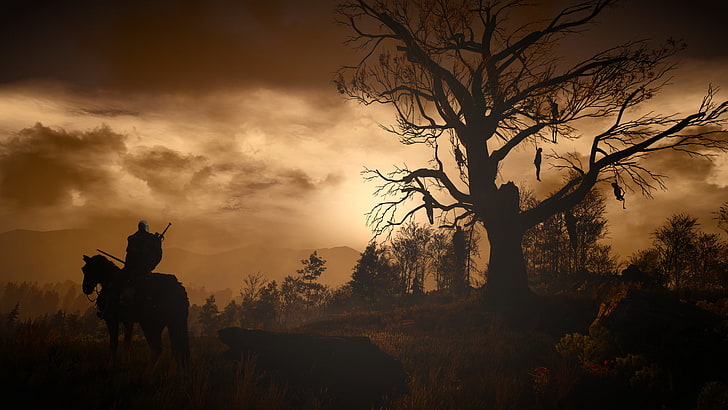 warrior horseback standing beside tree wallpaper, The Witcher, The Witcher 3: Wild Hunt, Geralt of Rivia, HD wallpaper