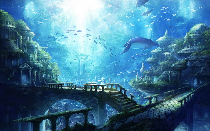 ciudad submarina, ruinas, peces, fantasía, Fondo de pantalla HD