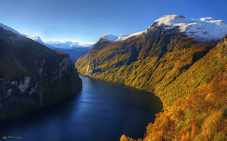Magnífico fiordo, árboles, acantilados, fiordos, montañas, nieve, naturaleza y paisajes., Fondo de pantalla HD