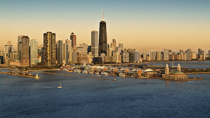 chicago, skyline, cityscape, city, skyscraper, metropolitan area, navy pier, metropolis, sky, water, daytime, dusk, united states, HD wallpaper