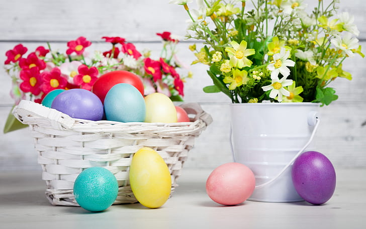Flowers, eggs, holiday, Easter, basket, Flowers, Eggs, Holiday, Easter, Basket, HD wallpaper