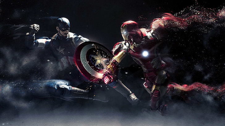 Илюстрация на Железния човек и Капитан Америка, Капитан Америка, Железният човек, битка, HD тапет
